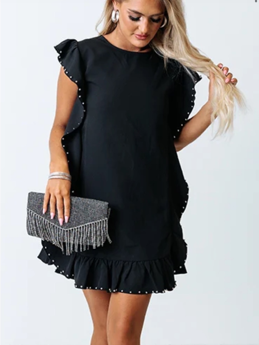 Black Ruffle Mini Shift Dress with Stud Trim - Women's Size Small